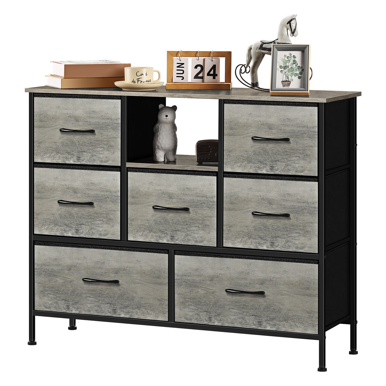 Gray 7 Drawer Dresser with Open Shelf, Fabric Storage Drawers for Bedroom